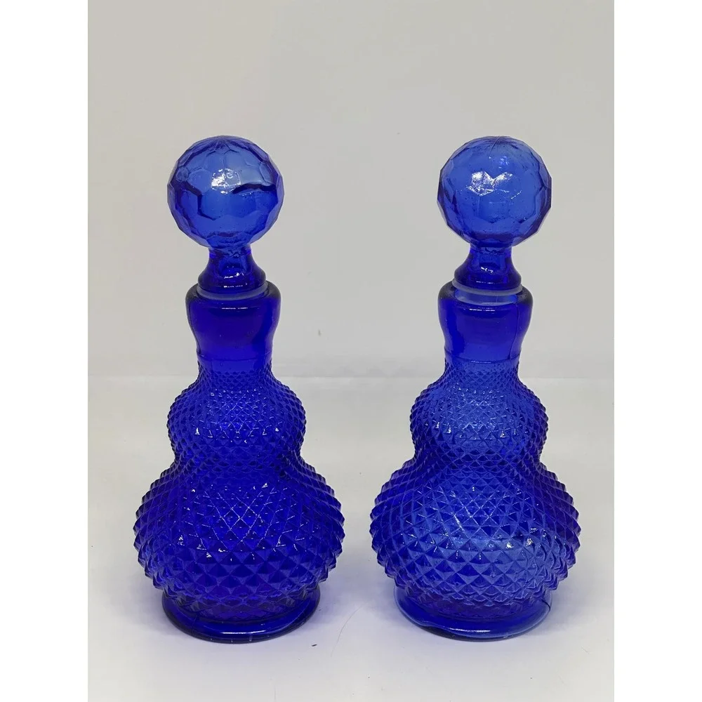 VTG Made In Taiwan Cobalt Blue Glass Decanter Bottles Diamond Point Set of 2